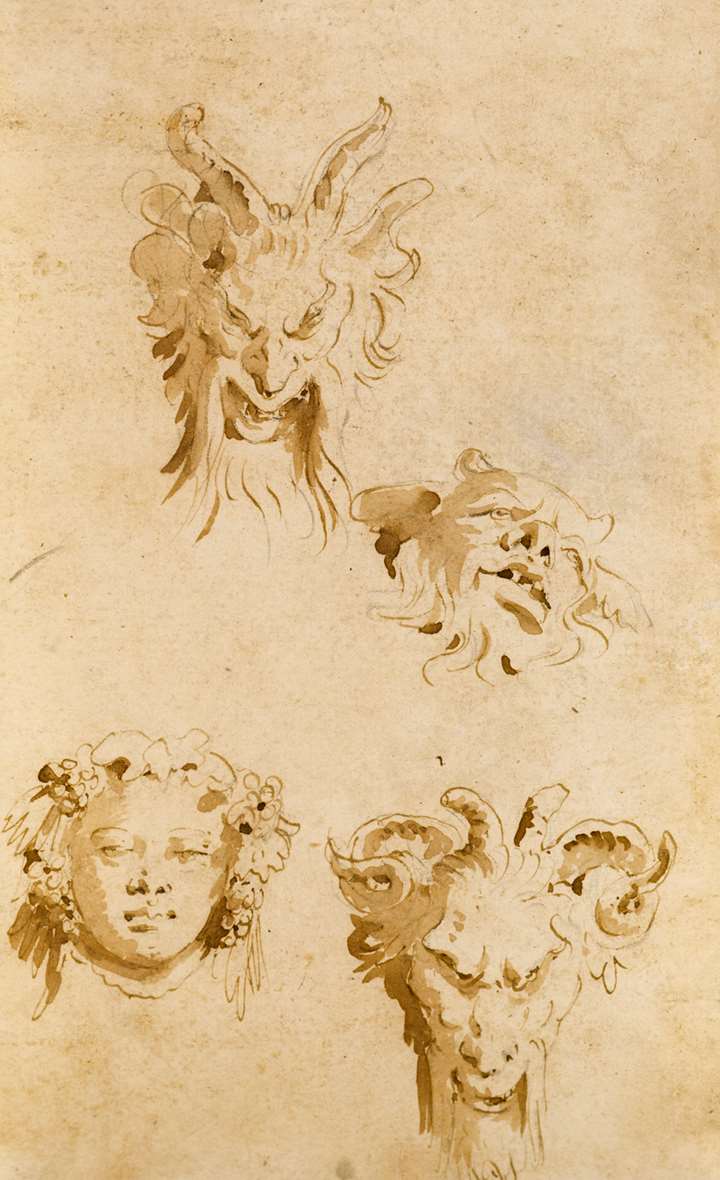 A Sheet of Studies of Three Heads of Satyrs and the Head of Bacchus